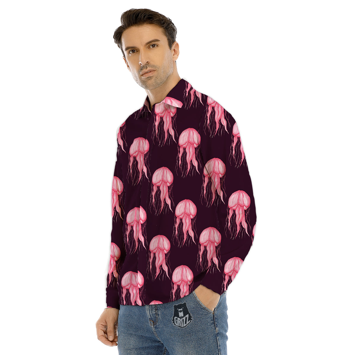Jellyfish Watercolor Print Pattern Men's Dress Shirts-grizzshop