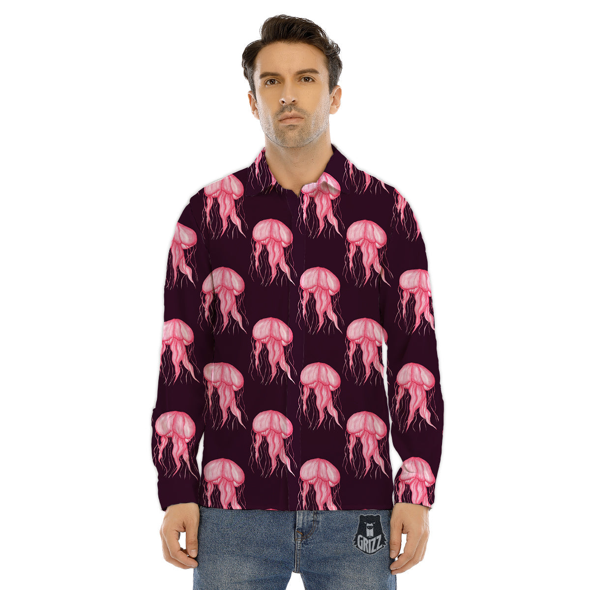 Jellyfish Watercolor Print Pattern Men's Dress Shirts-grizzshop