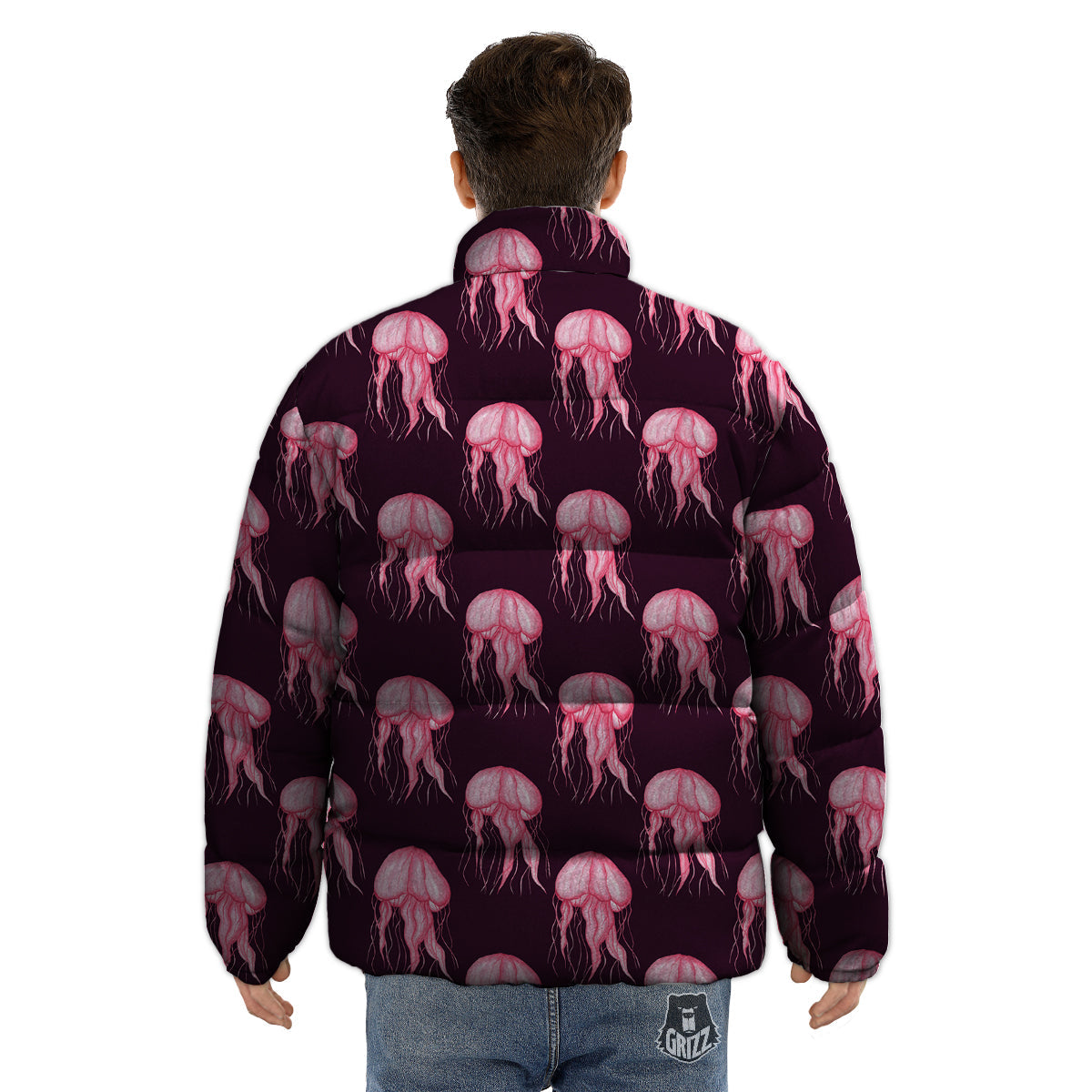 Jellyfish Watercolor Print Pattern Puffer Jacket-grizzshop