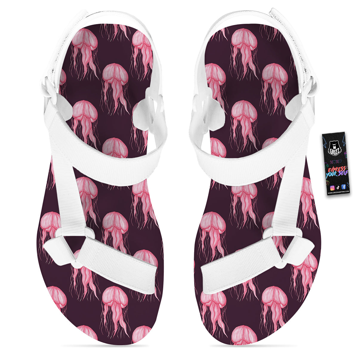 Jellyfish Watercolor Print Pattern White Open Toe Sandals-grizzshop