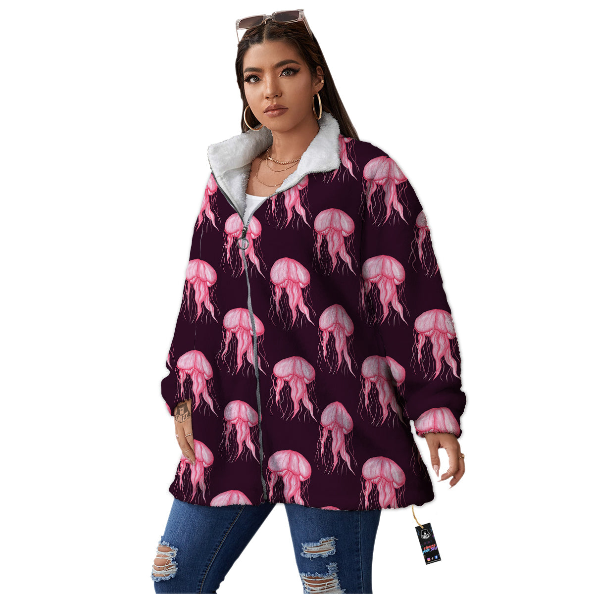 Jellyfish Watercolor Print Pattern Women's Sherpa Jacket-grizzshop