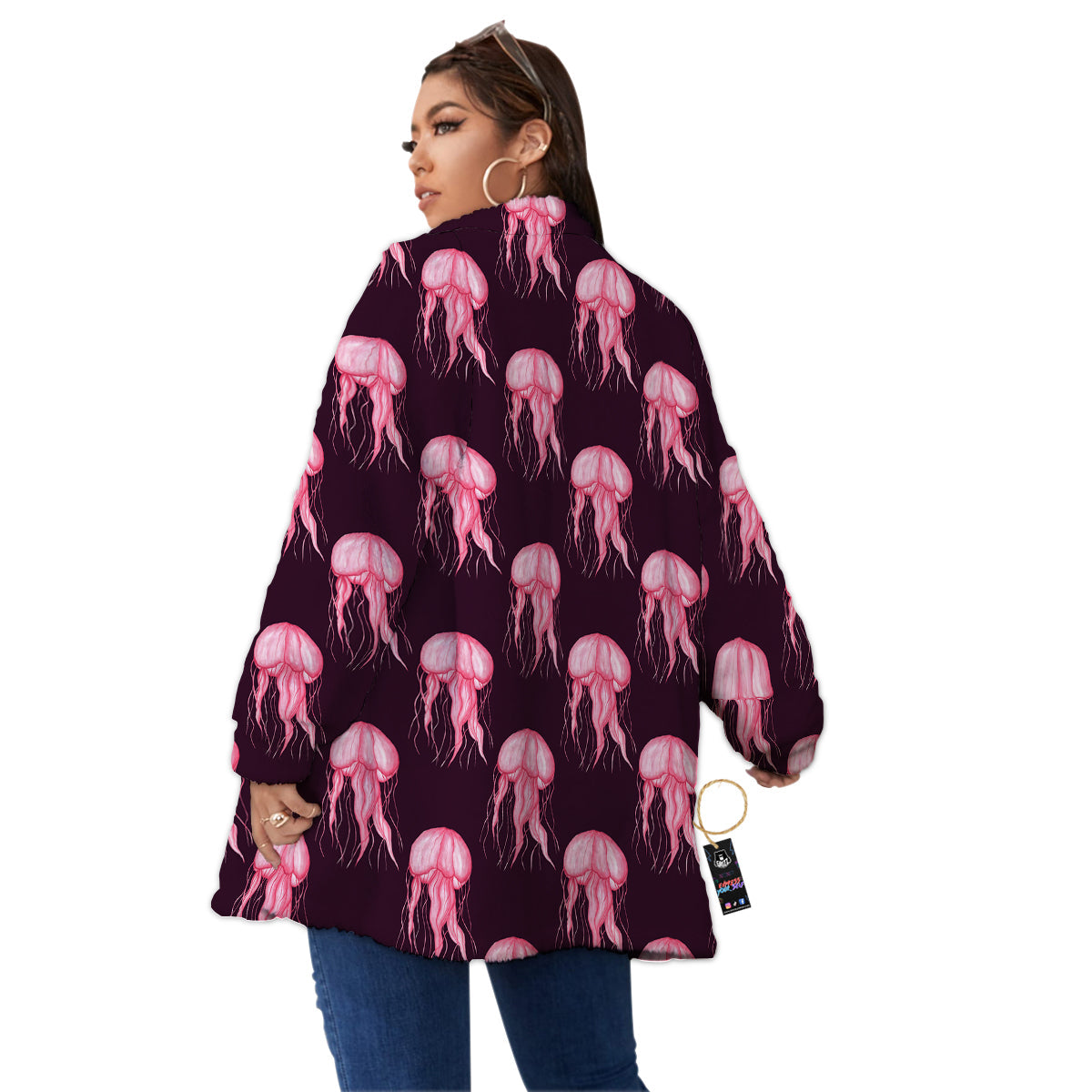 Jellyfish Watercolor Print Pattern Women's Sherpa Jacket-grizzshop