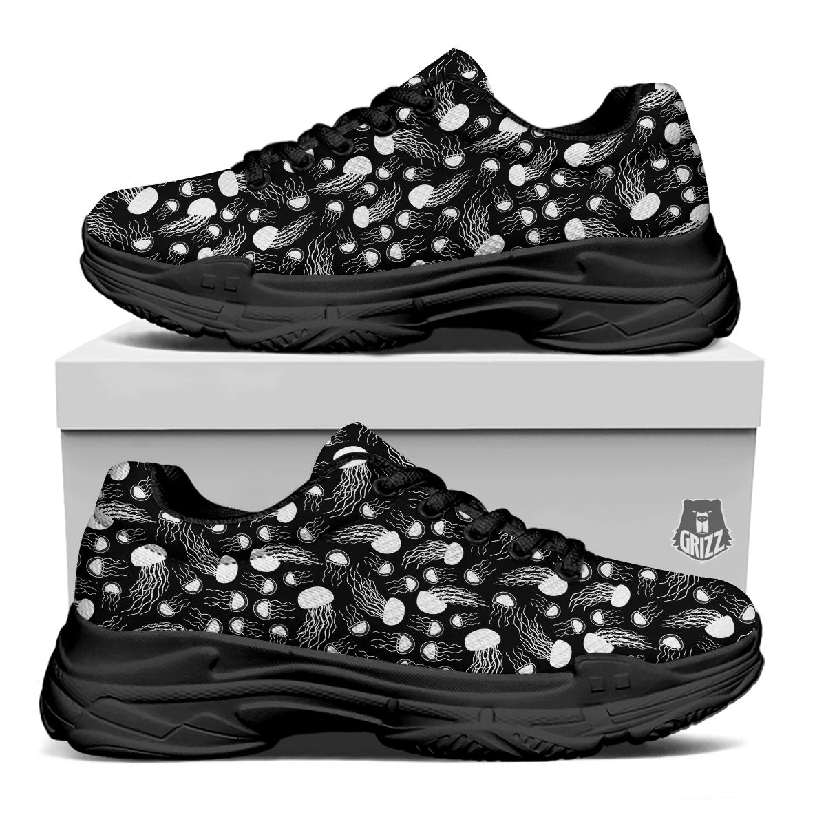 Jellyfish White And Black Print Pattern Black Chunky Shoes-grizzshop