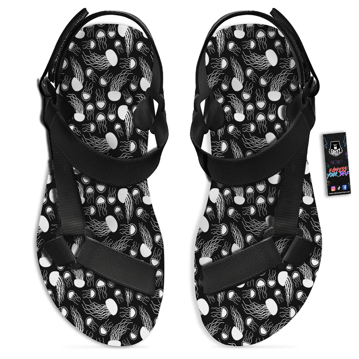 Jellyfish White And Black Print Pattern Black Open Toe Sandals-grizzshop