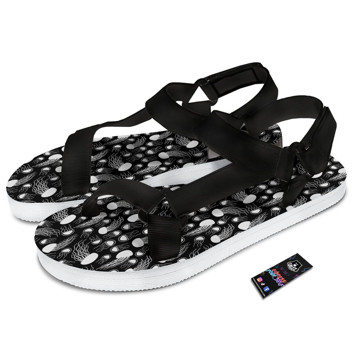 Jellyfish White And Black Print Pattern Black Open Toe Sandals-grizzshop