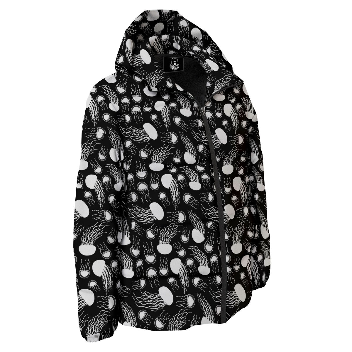 Jellyfish White And Black Print Pattern Down Jacket-grizzshop