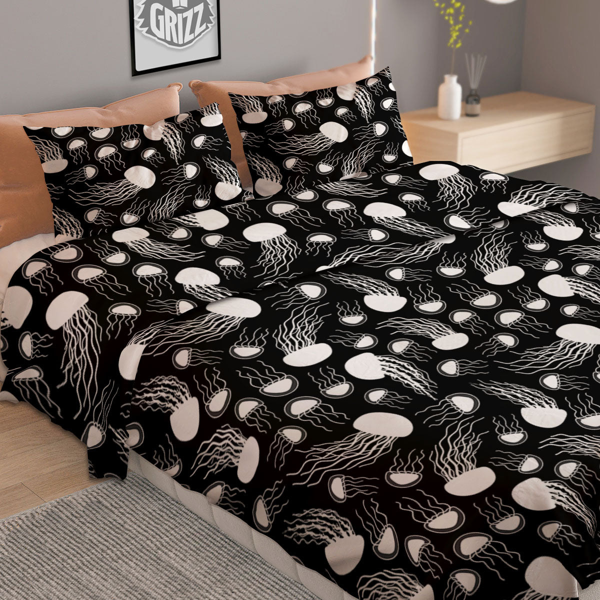 Jellyfish White And Black Print Pattern Duvet Cover Bedding Set