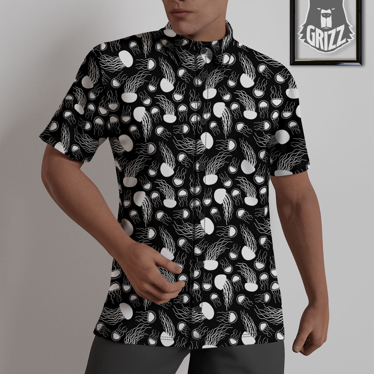 Jellyfish White And Black Print Pattern Untucked Shirts-grizzshop