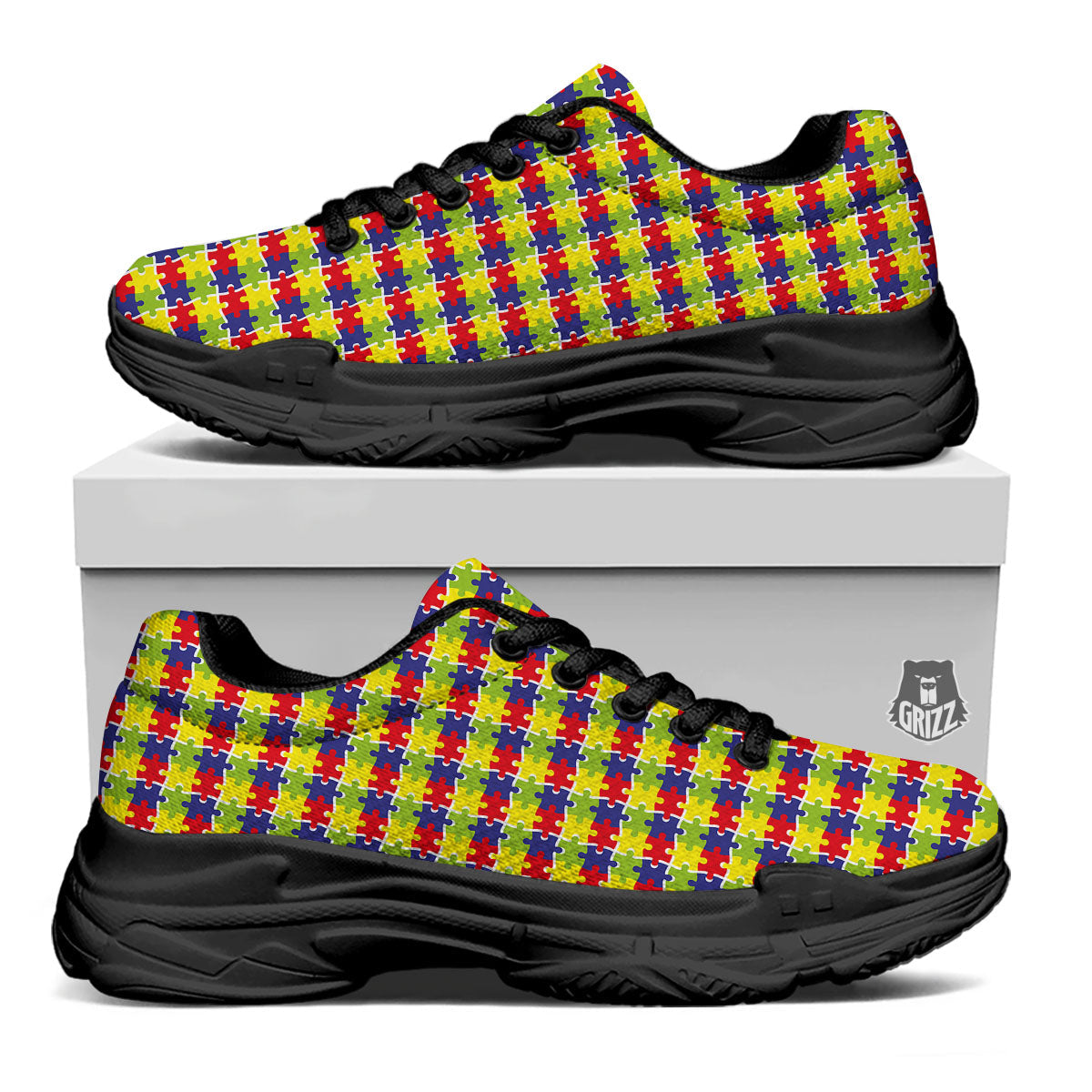 Jigsaw Autism Awareness Print Black Chunky Shoes-grizzshop