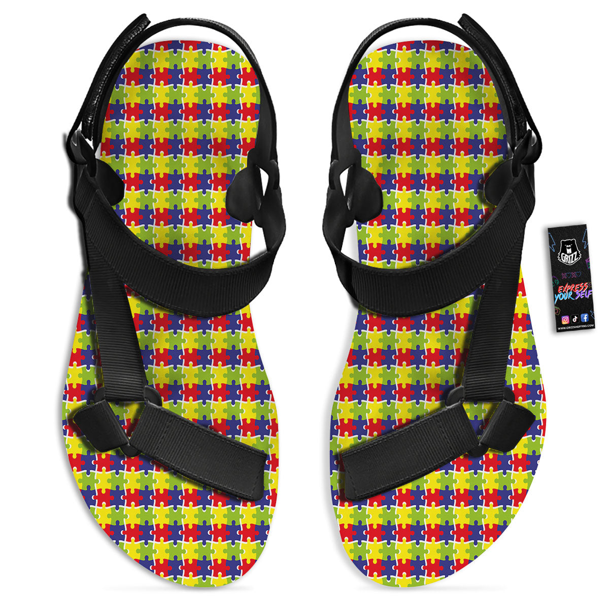 Jigsaw Autism Awareness Print Black Open Toe Sandals-grizzshop
