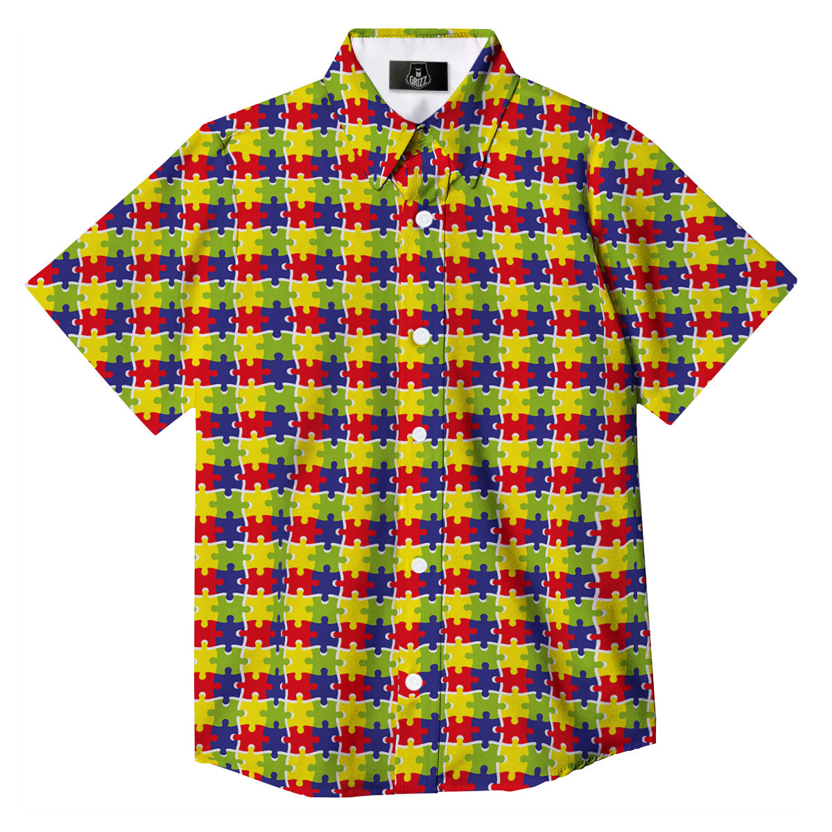 Jigsaw Autism Awareness Print Button Up Shirt-grizzshop