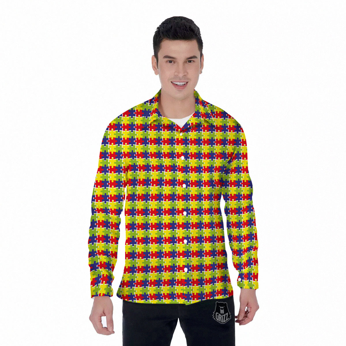 Jigsaw Autism Awareness Print Men's Long Sleeve Shirts-grizzshop