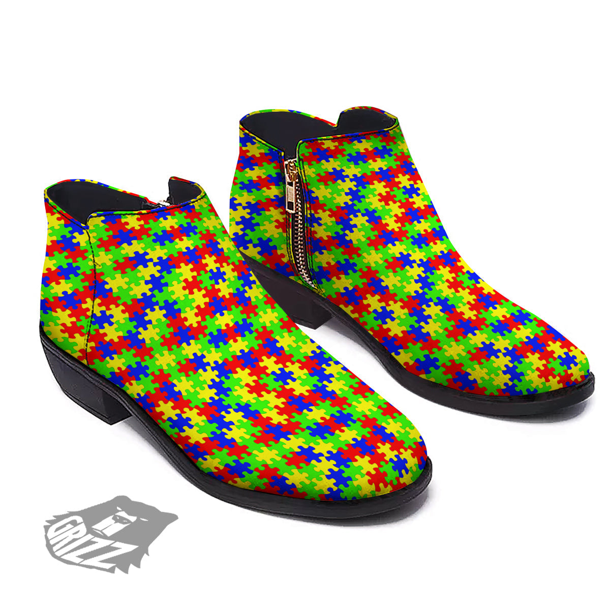 Jigsaw Autism Awareness Print Pattern Ankle Boots-grizzshop