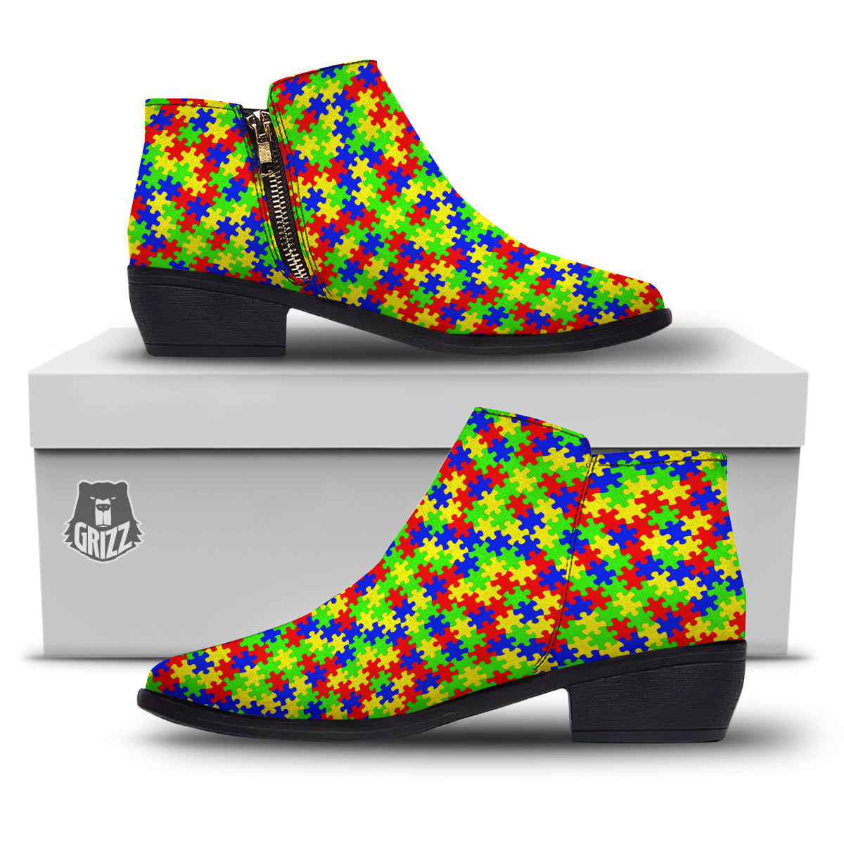 Jigsaw Autism Awareness Print Pattern Ankle Boots-grizzshop