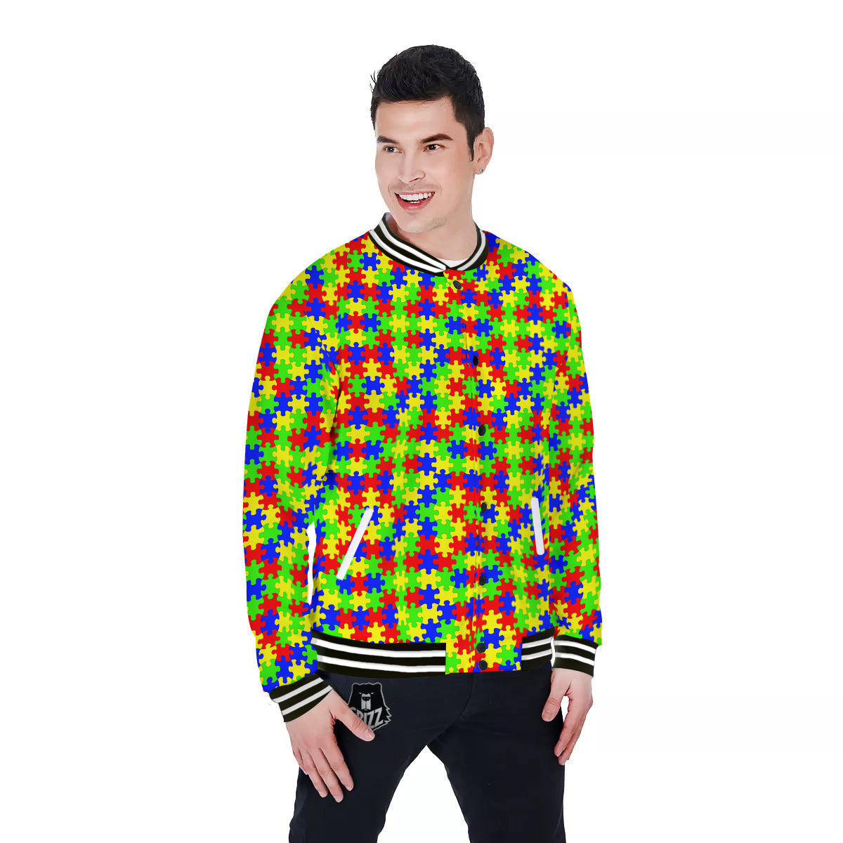 Jigsaw Autism Awareness Print Pattern Baseball Jacket-grizzshop
