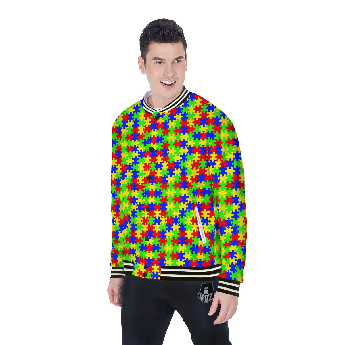 Jigsaw Autism Awareness Print Pattern Baseball Jacket-grizzshop