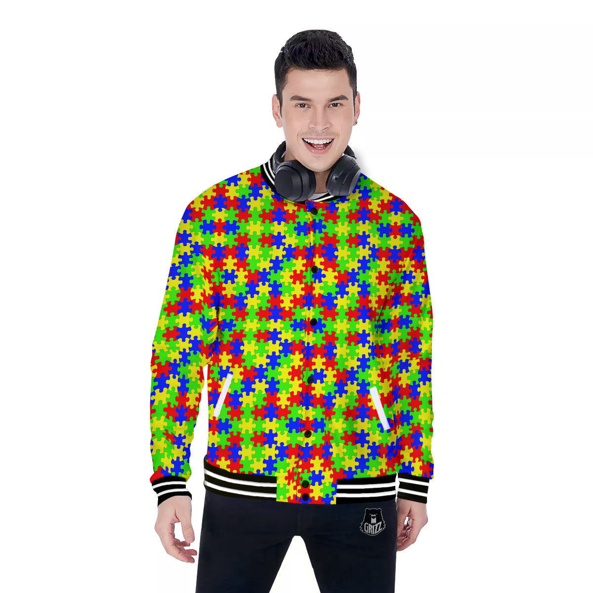 Jigsaw Autism Awareness Print Pattern Baseball Jacket-grizzshop
