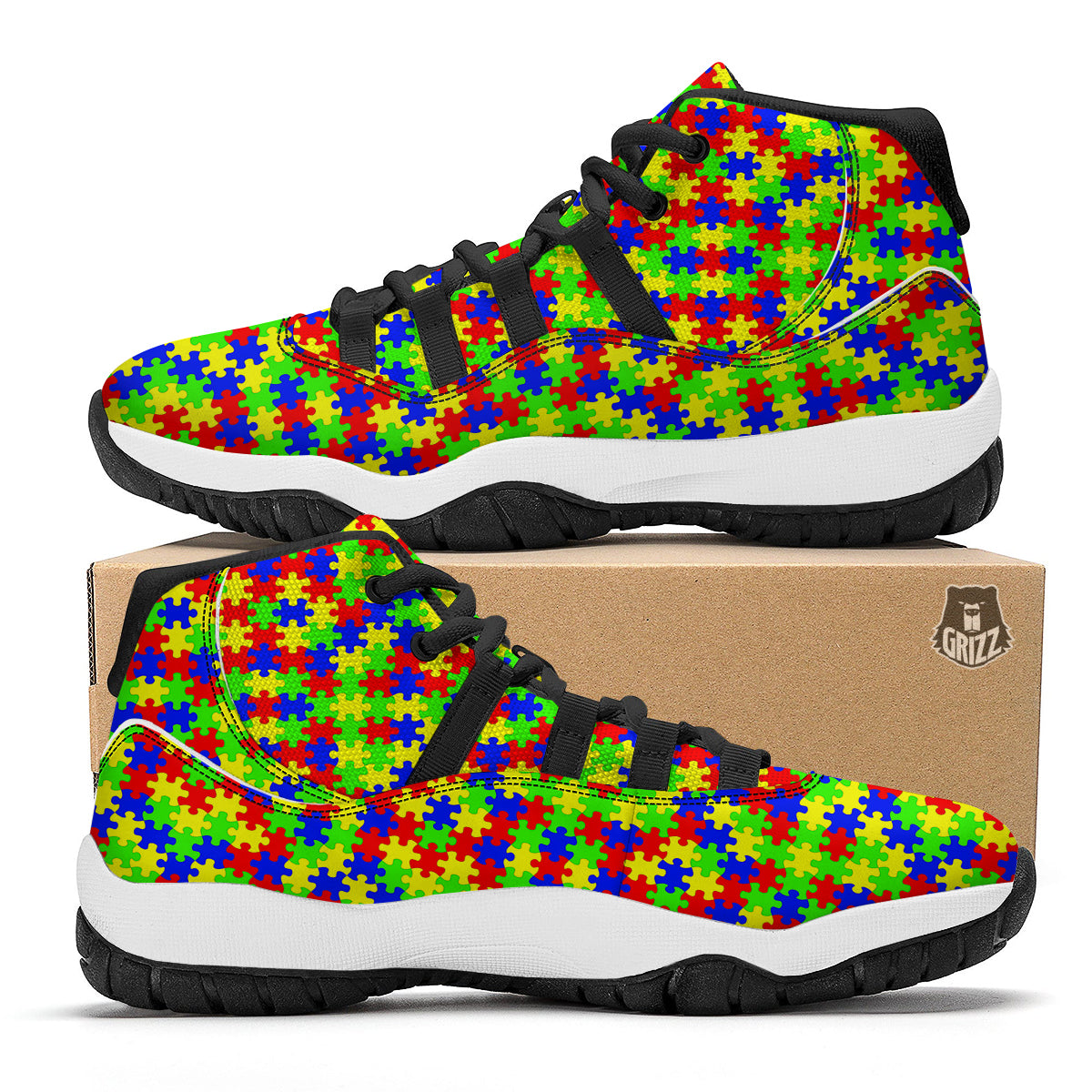 Jigsaw Autism Awareness Print Pattern Black Bball Shoes-grizzshop