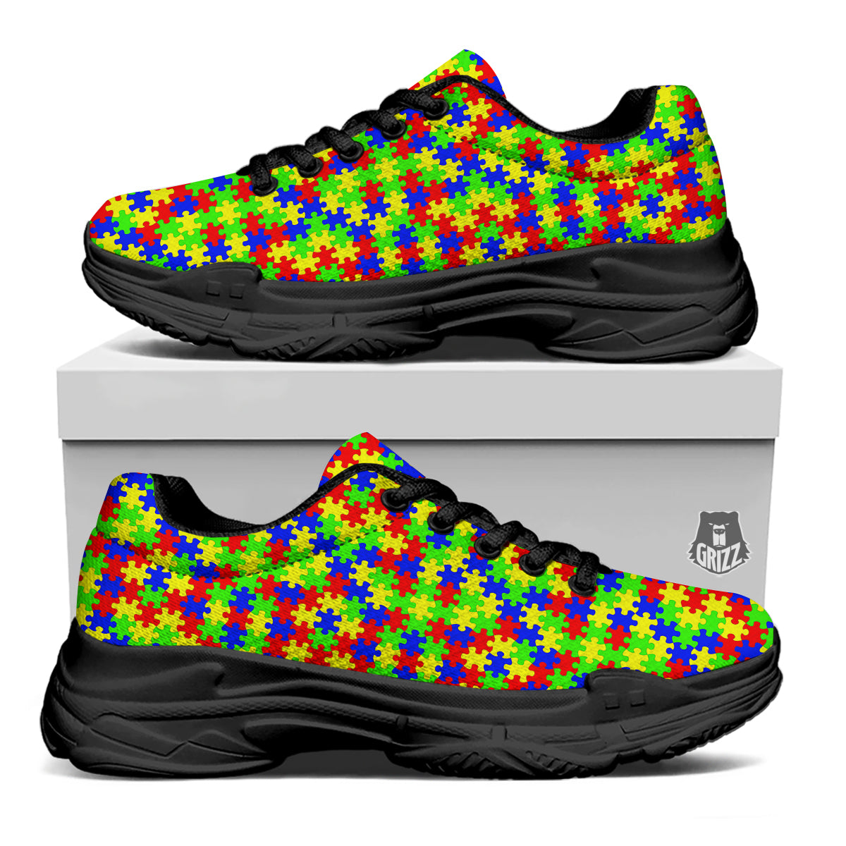 Jigsaw Autism Awareness Print Pattern Black Chunky Shoes-grizzshop