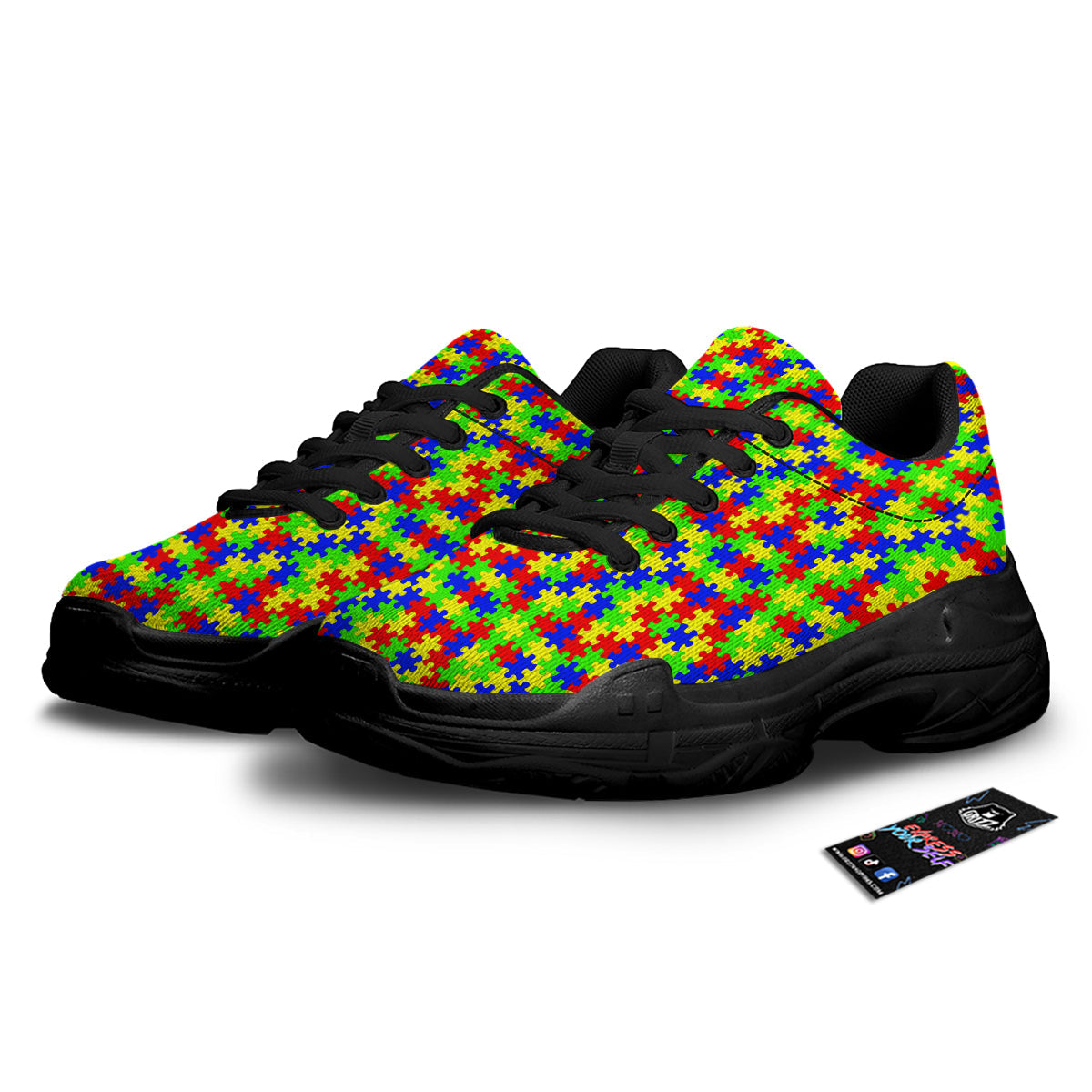 Jigsaw Autism Awareness Print Pattern Black Chunky Shoes-grizzshop