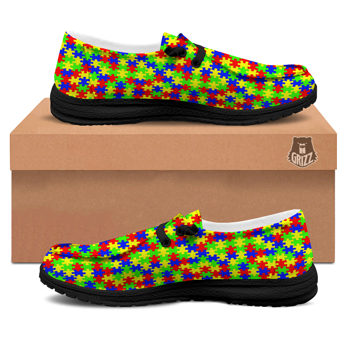 Jigsaw Autism Awareness Print Pattern Black Loafers-grizzshop