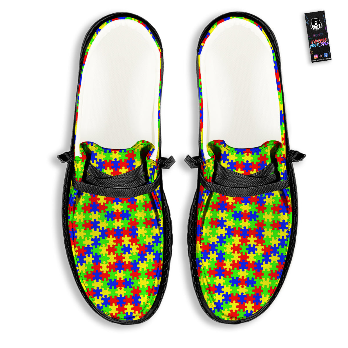 Jigsaw Autism Awareness Print Pattern Black Loafers-grizzshop