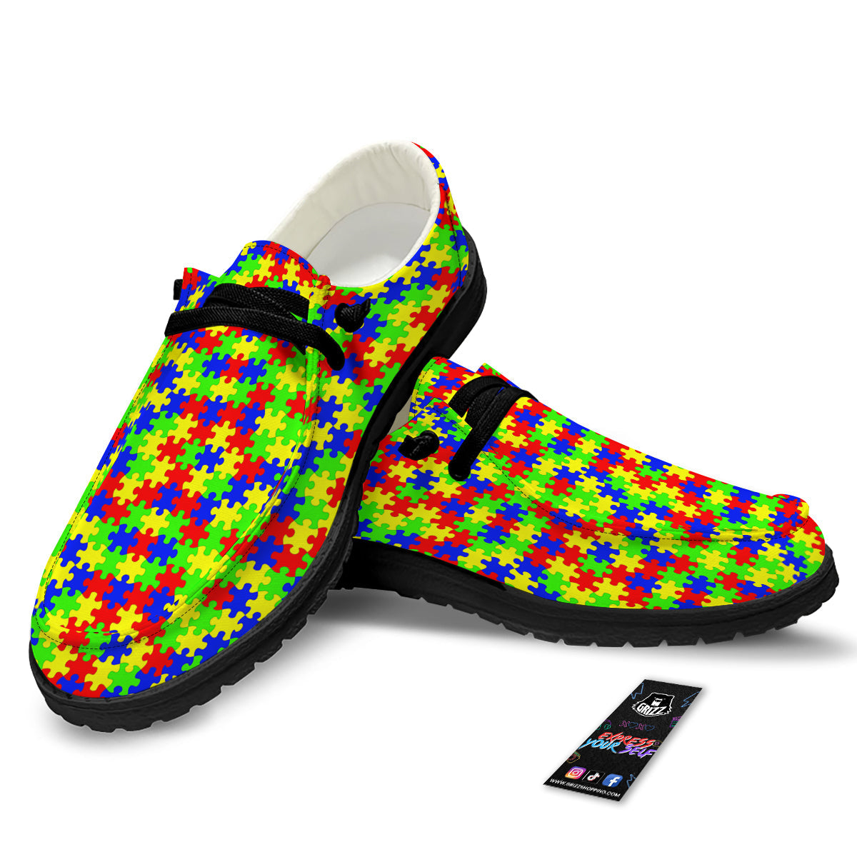 Jigsaw Autism Awareness Print Pattern Black Loafers-grizzshop