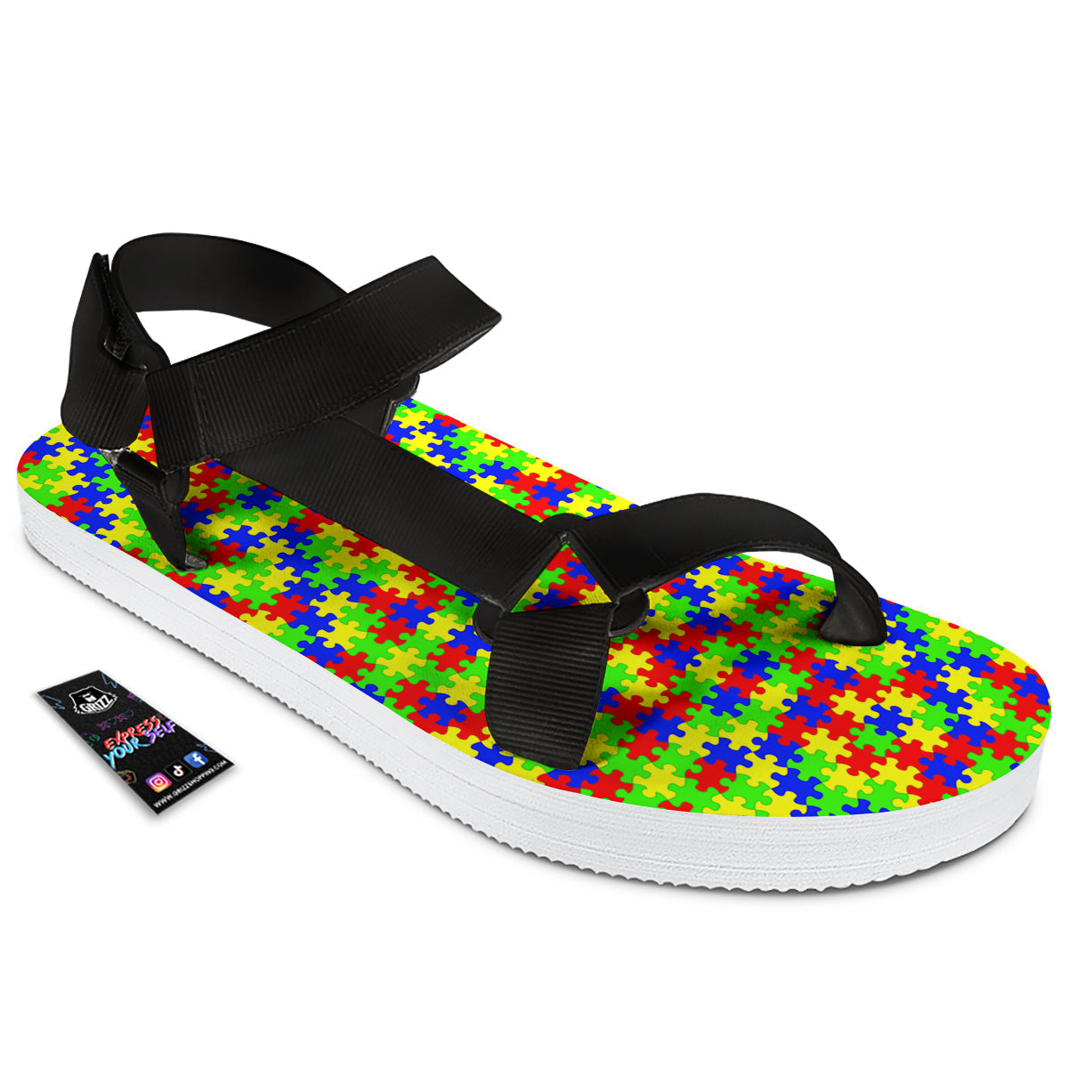 Jigsaw Autism Awareness Print Pattern Black Open Toe Sandals-grizzshop