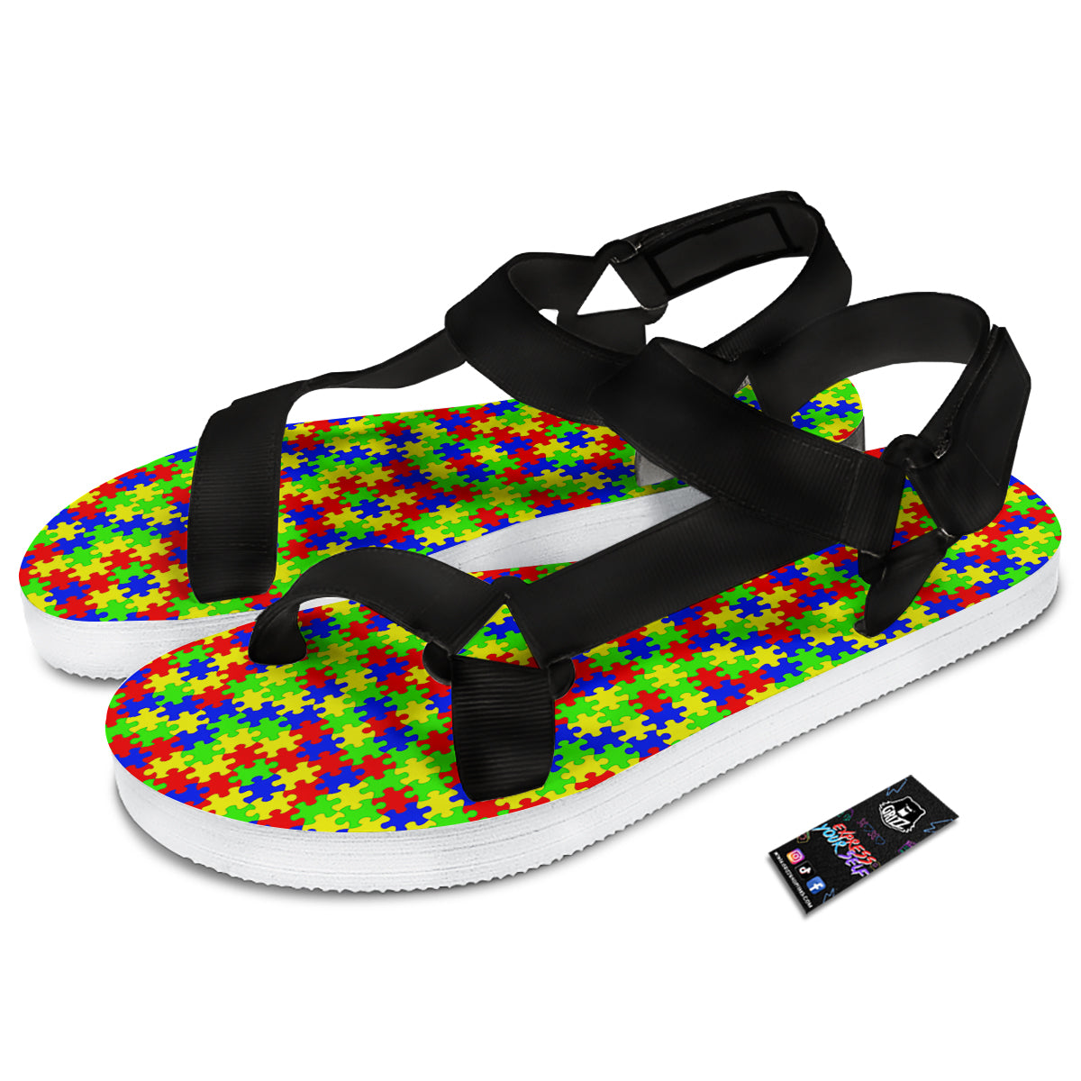 Jigsaw Autism Awareness Print Pattern Black Open Toe Sandals-grizzshop
