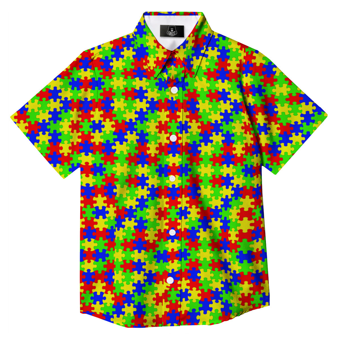 Jigsaw Autism Awareness Print Pattern Button Up Shirt-grizzshop