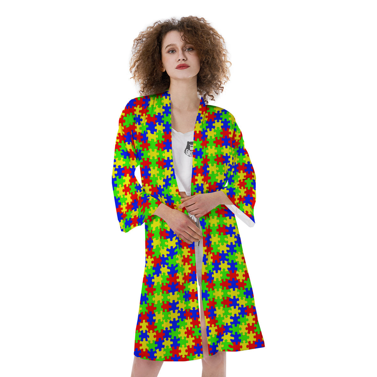 Jigsaw Autism Awareness Print Pattern Kimono-grizzshop
