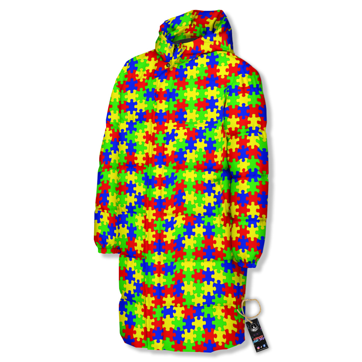 Jigsaw Autism Awareness Print Pattern Long Down Jacket-grizzshop