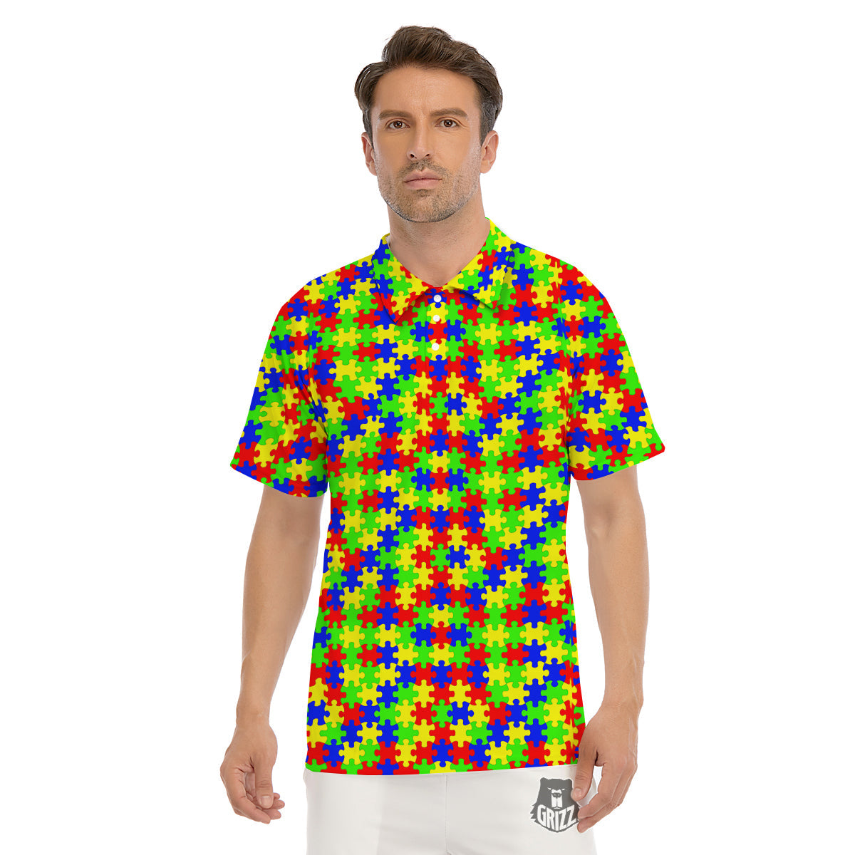 Jigsaw Autism Awareness Print Pattern Men's Golf Shirts-grizzshop