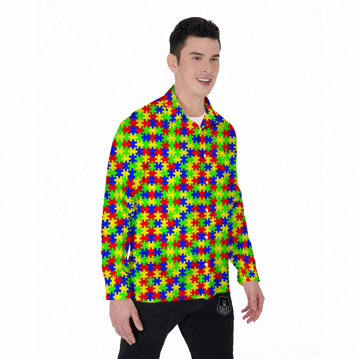 Jigsaw Autism Awareness Print Pattern Men's Long Sleeve Shirts-grizzshop