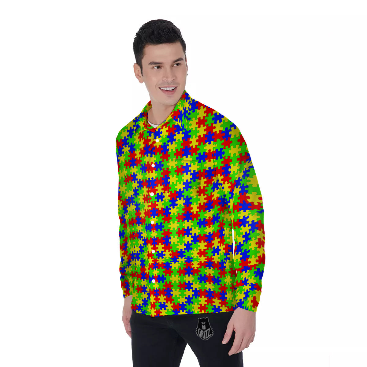 Jigsaw Autism Awareness Print Pattern Men's Long Sleeve Shirts-grizzshop