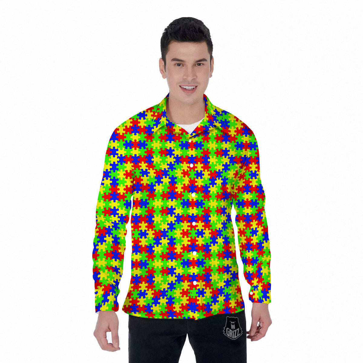 Jigsaw Autism Awareness Print Pattern Men's Long Sleeve Shirts-grizzshop
