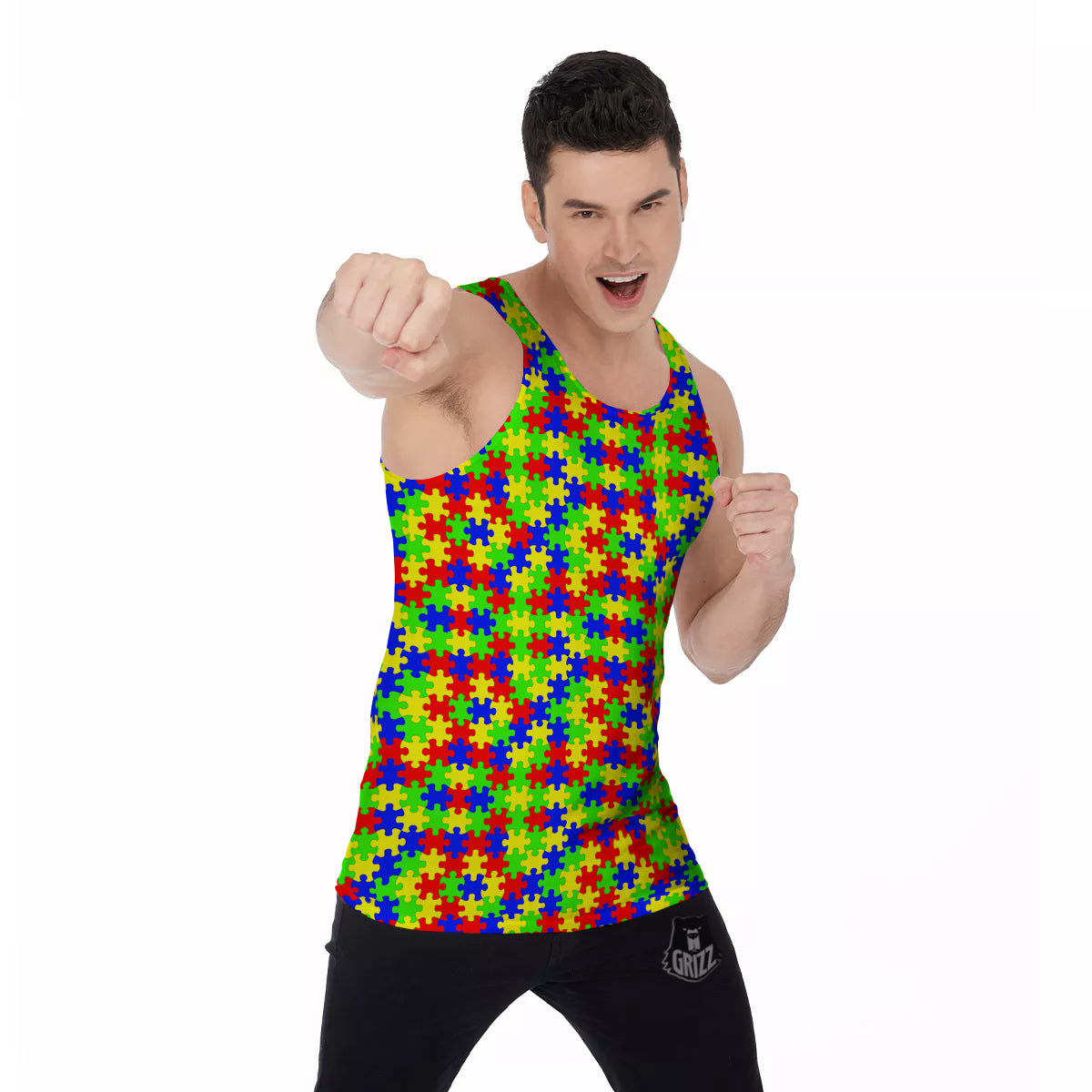 Jigsaw Autism Awareness Print Pattern Men's Tank Top-grizzshop