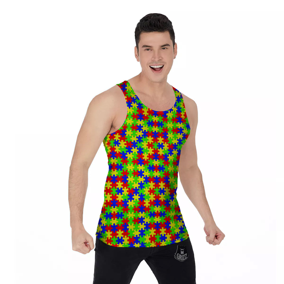 Jigsaw Autism Awareness Print Pattern Men's Tank Top-grizzshop
