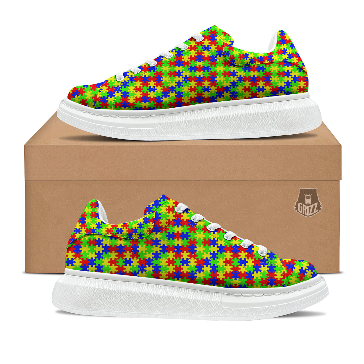 Jigsaw Autism Awareness Print Pattern Platform Shoes-grizzshop
