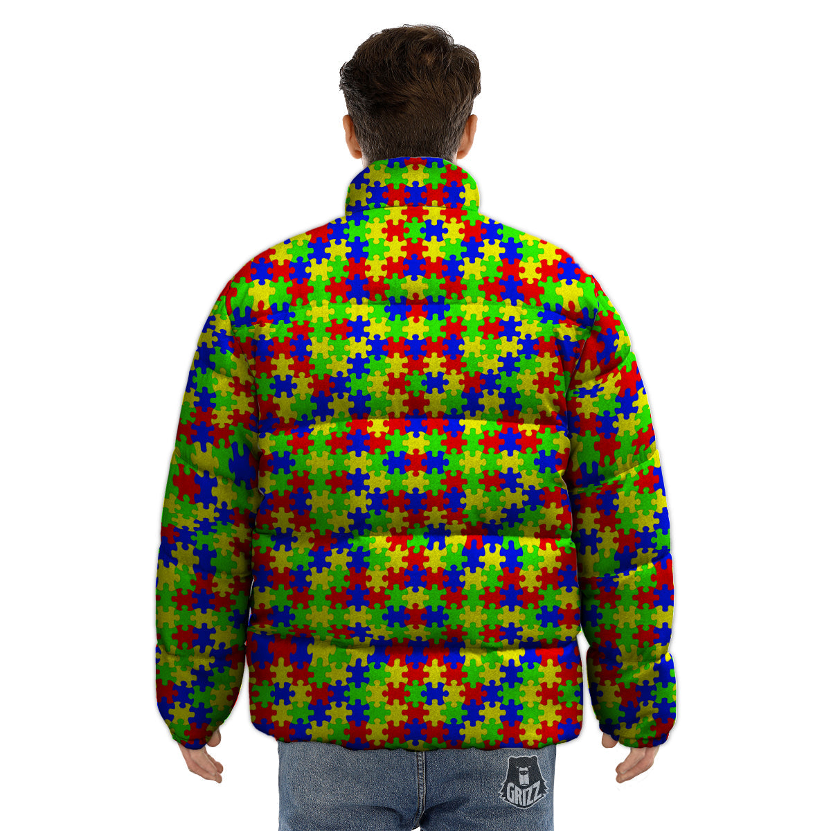 Jigsaw Autism Awareness Print Pattern Puffer Jacket-grizzshop