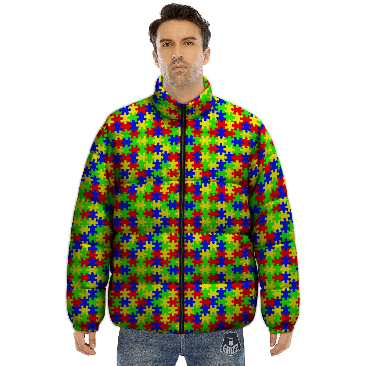 Jigsaw Autism Awareness Print Pattern Puffer Jacket-grizzshop
