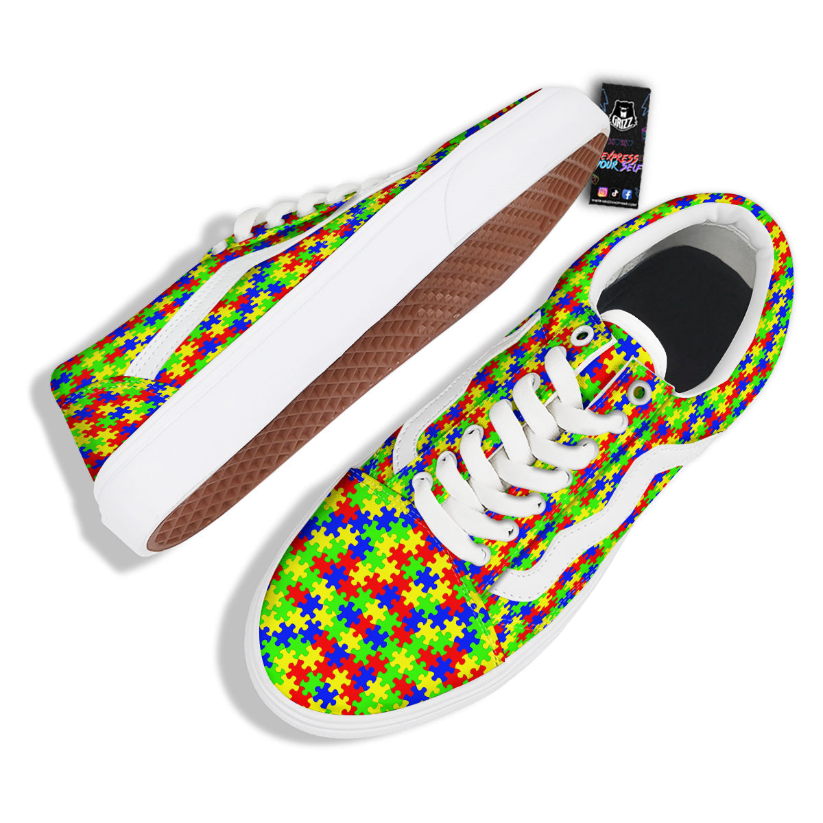 Jigsaw Autism Awareness Print Pattern Skate Shoes-grizzshop
