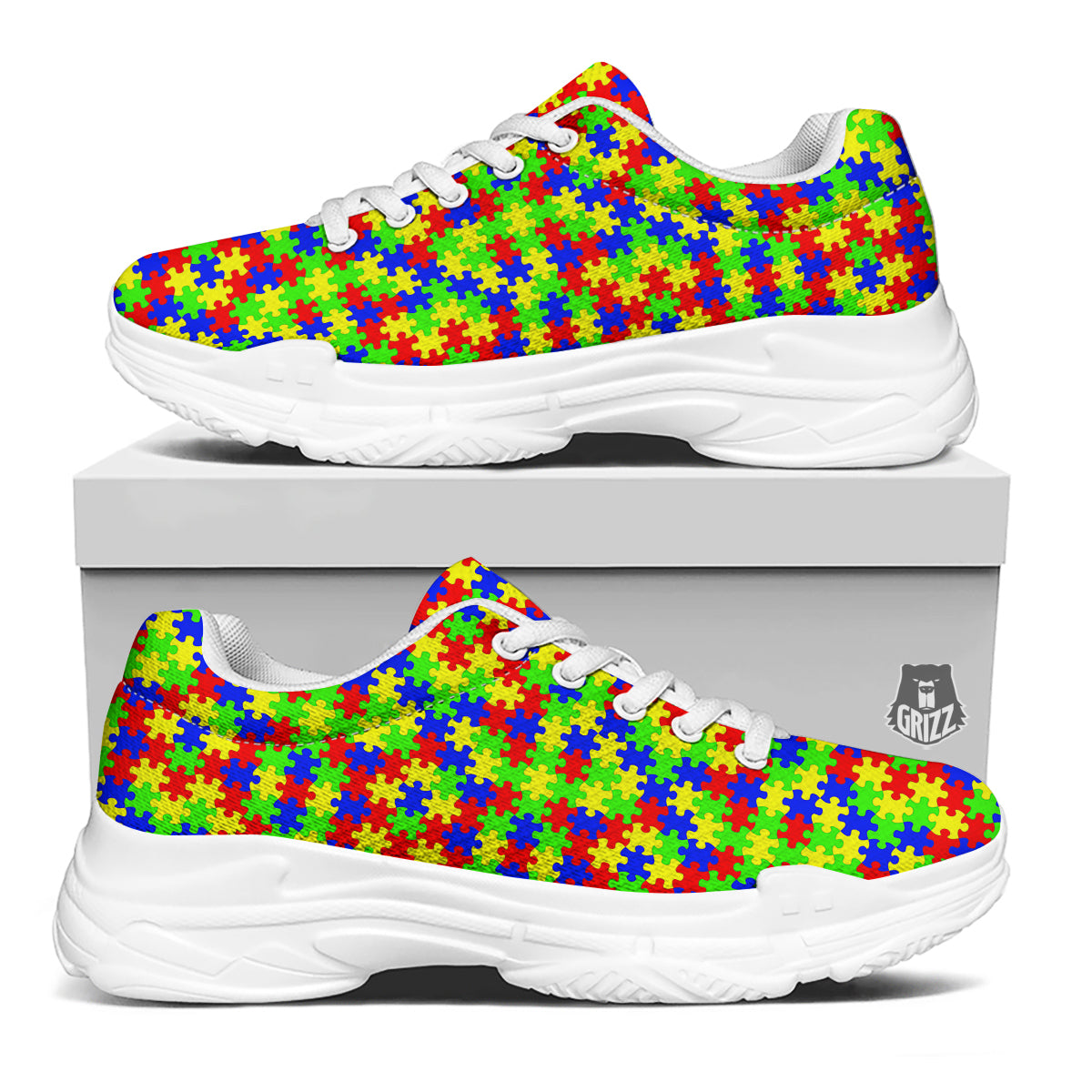Jigsaw Autism Awareness Print Pattern White Chunky Shoes-grizzshop