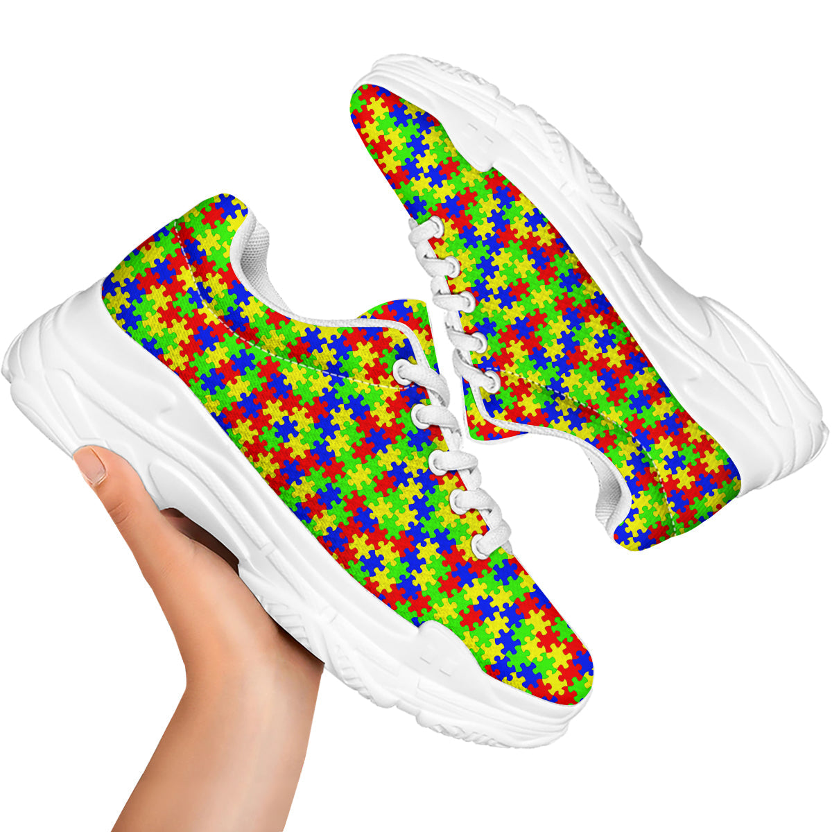 Jigsaw Autism Awareness Print Pattern White Chunky Shoes-grizzshop