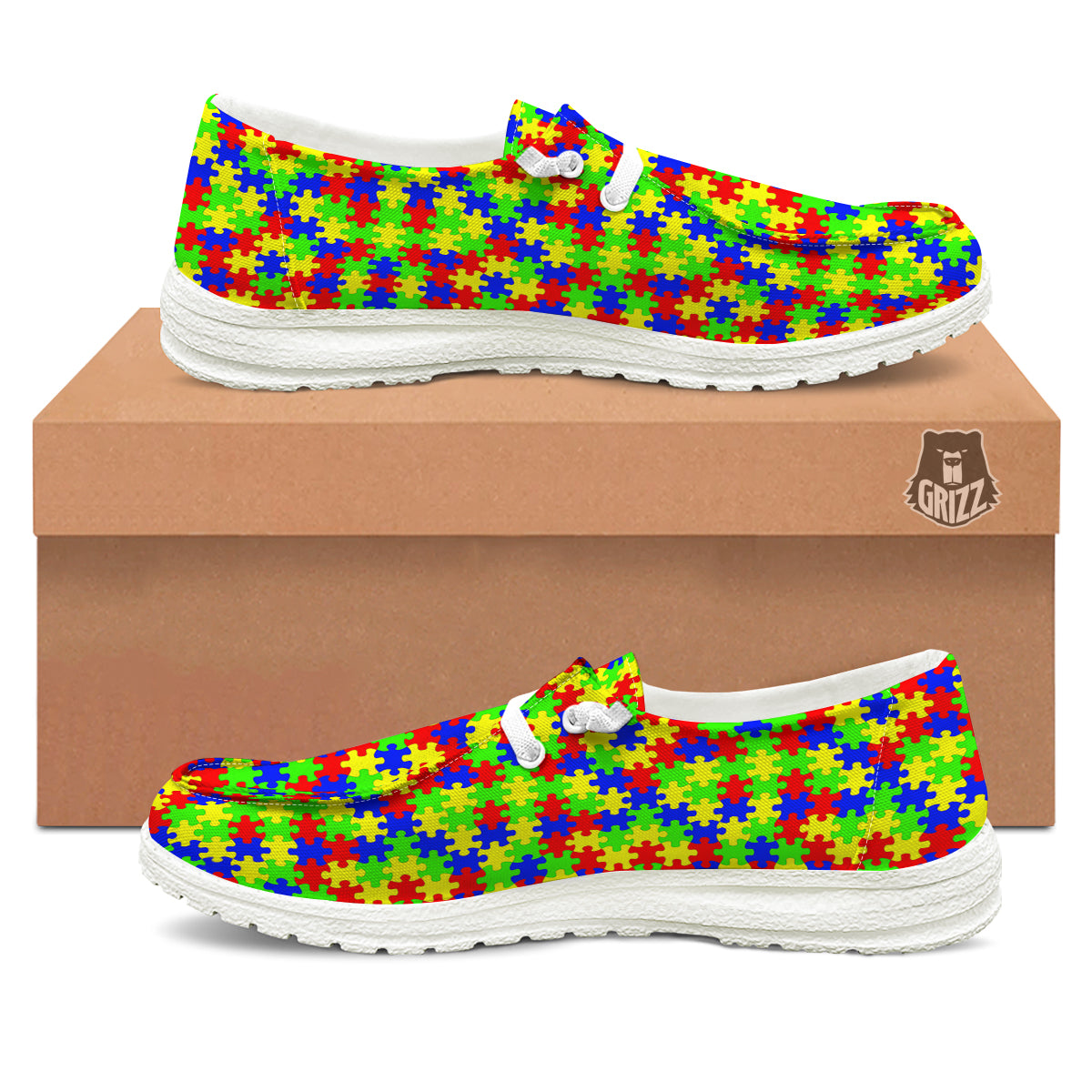 Jigsaw Autism Awareness Print Pattern White Loafers-grizzshop