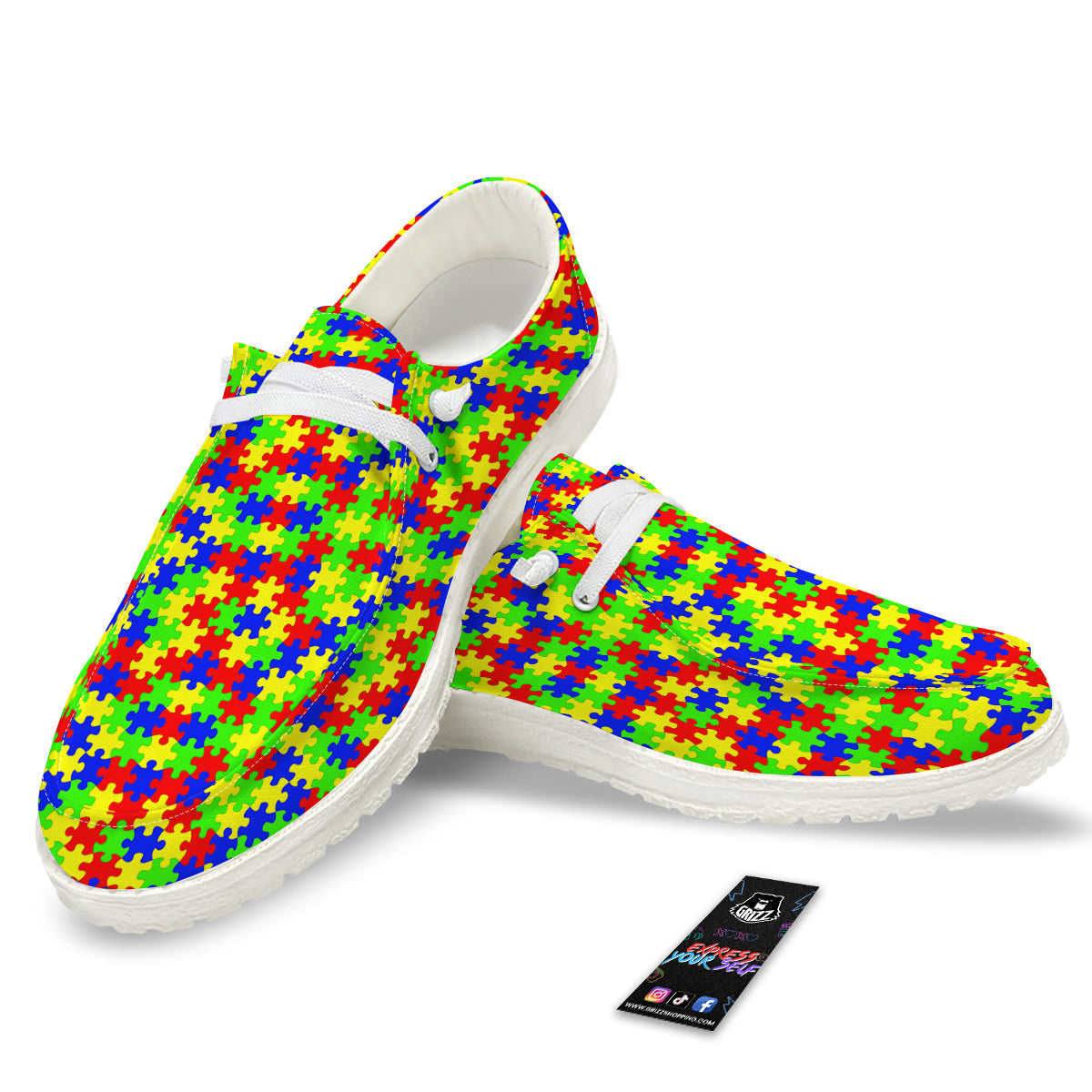Jigsaw Autism Awareness Print Pattern White Loafers-grizzshop