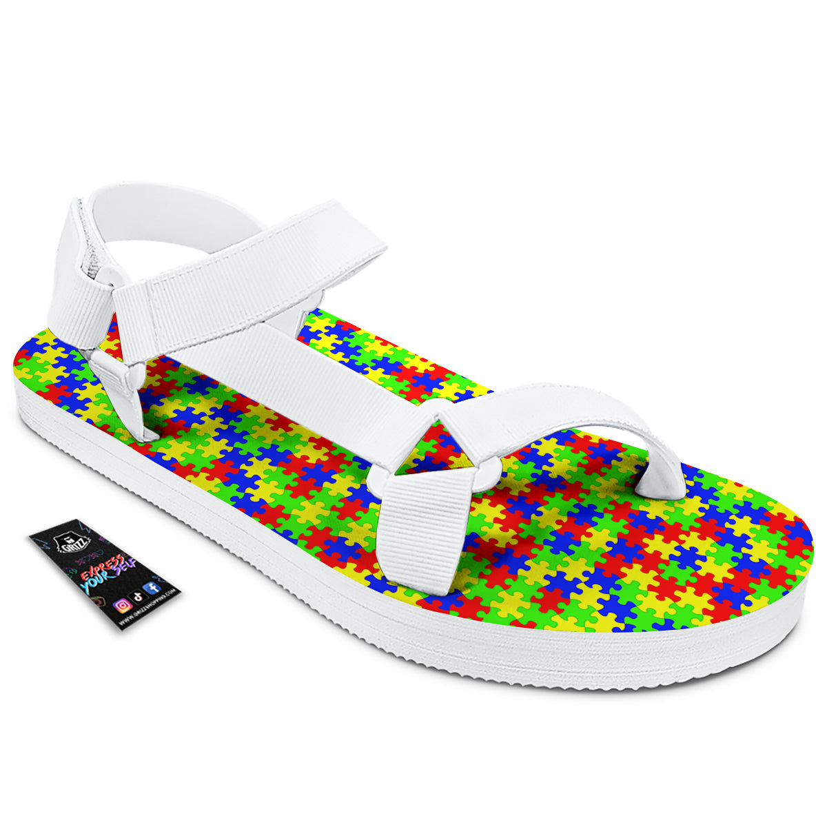 Jigsaw Autism Awareness Print Pattern White Open Toe Sandals-grizzshop