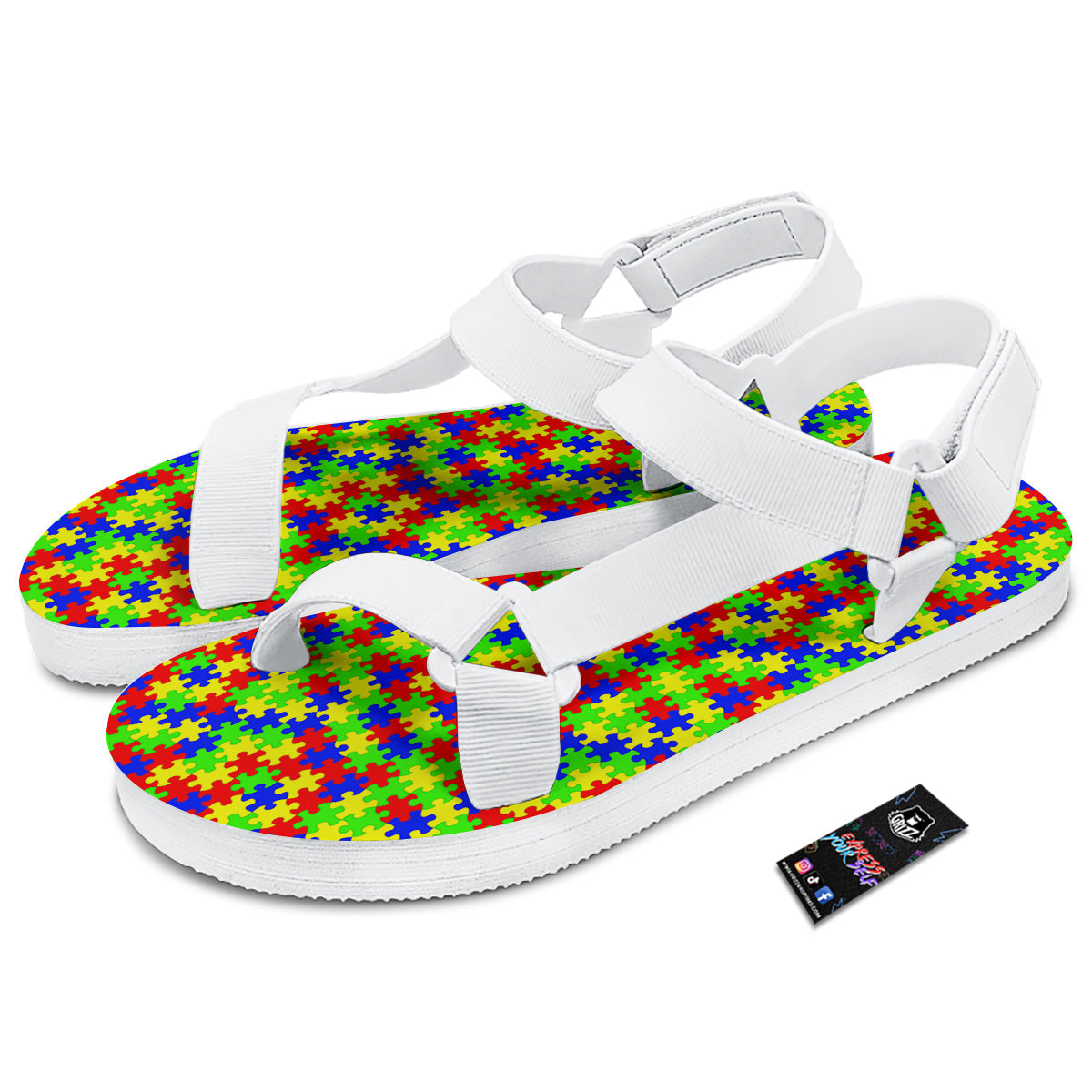 Jigsaw Autism Awareness Print Pattern White Open Toe Sandals-grizzshop