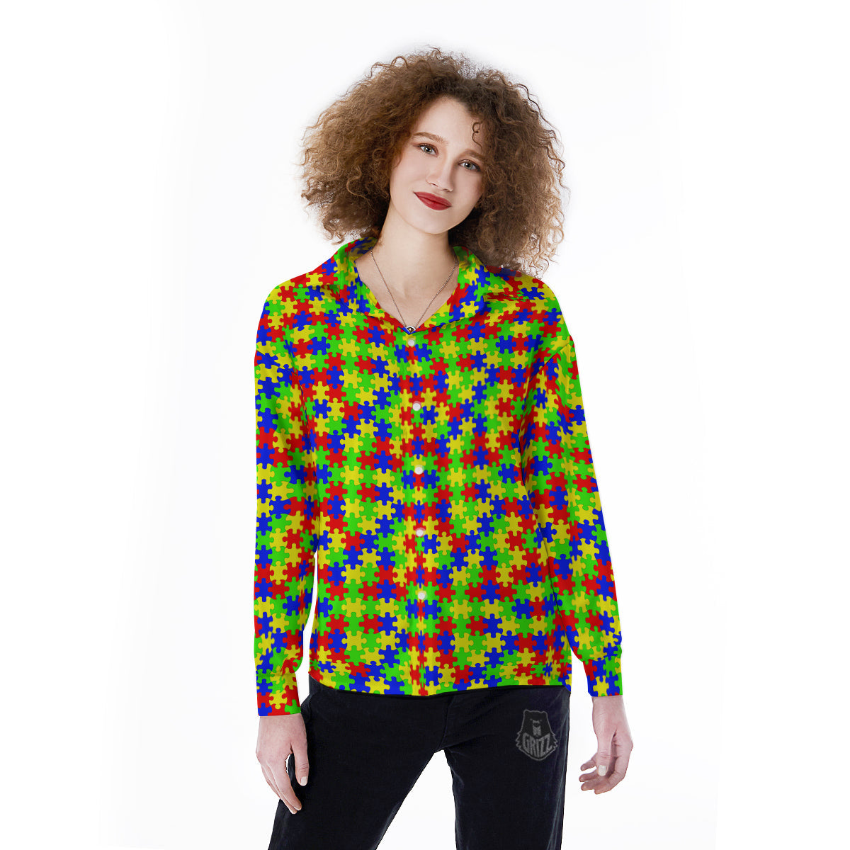 Jigsaw Autism Awareness Print Pattern Women's Long Sleeve Shirts-grizzshop