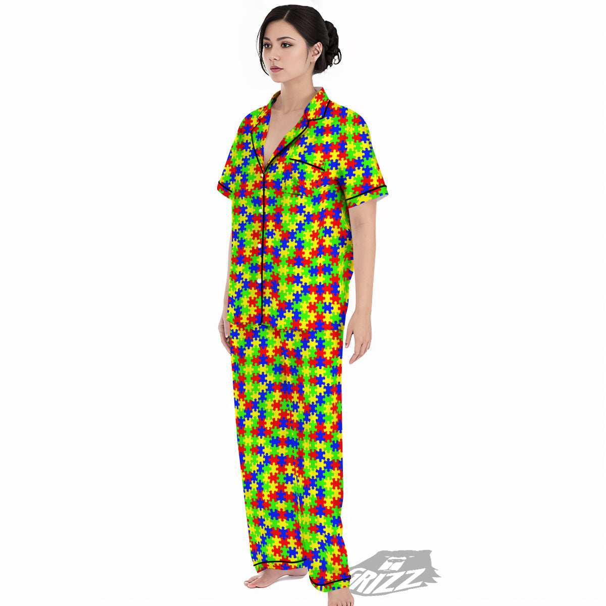 Jigsaw Autism Awareness Print Pattern Women's Pajamas Set-grizzshop